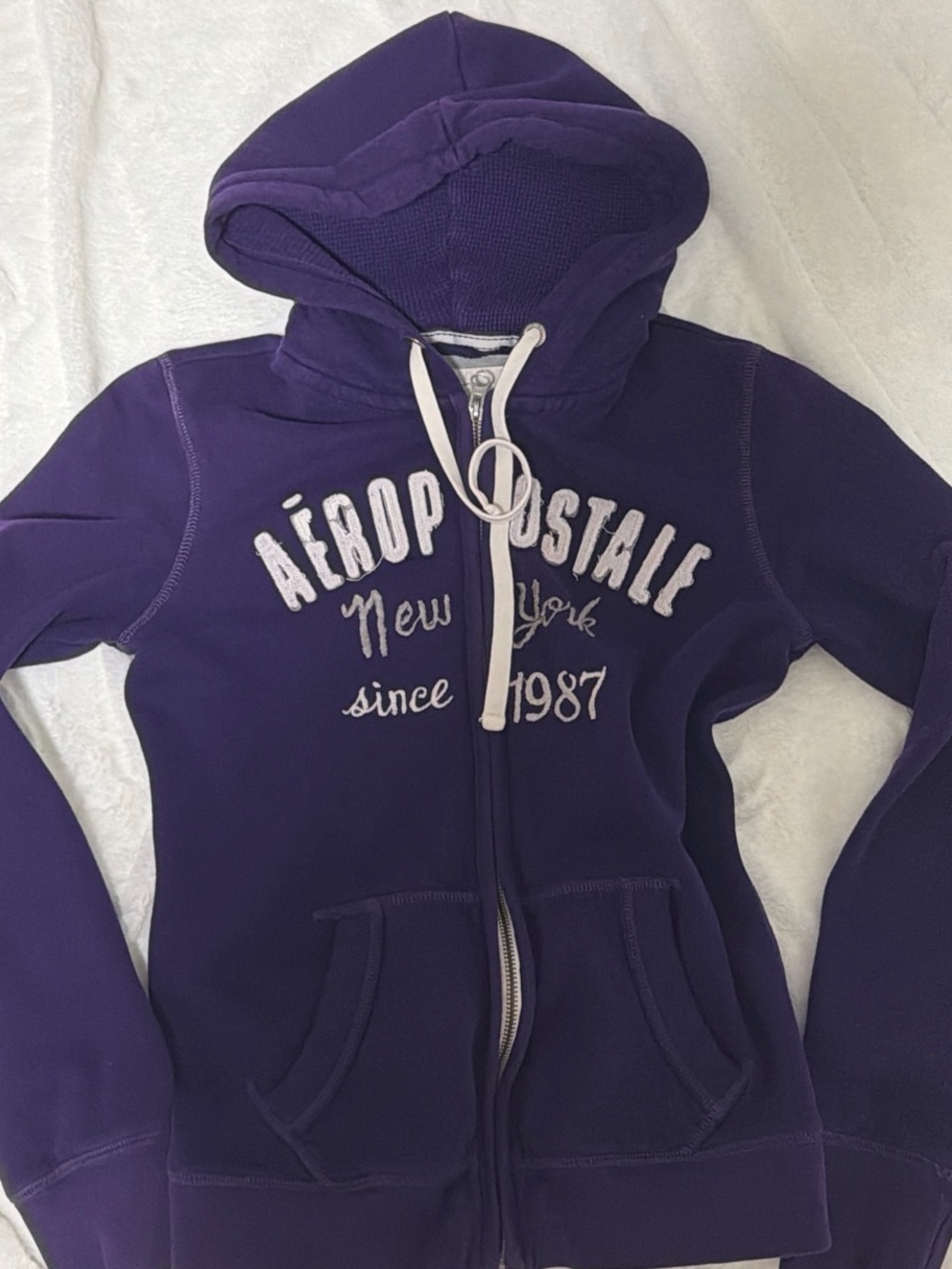 Aeropostale Purple Zip-Up Hooded Sweatshirt with White Drawstrings
